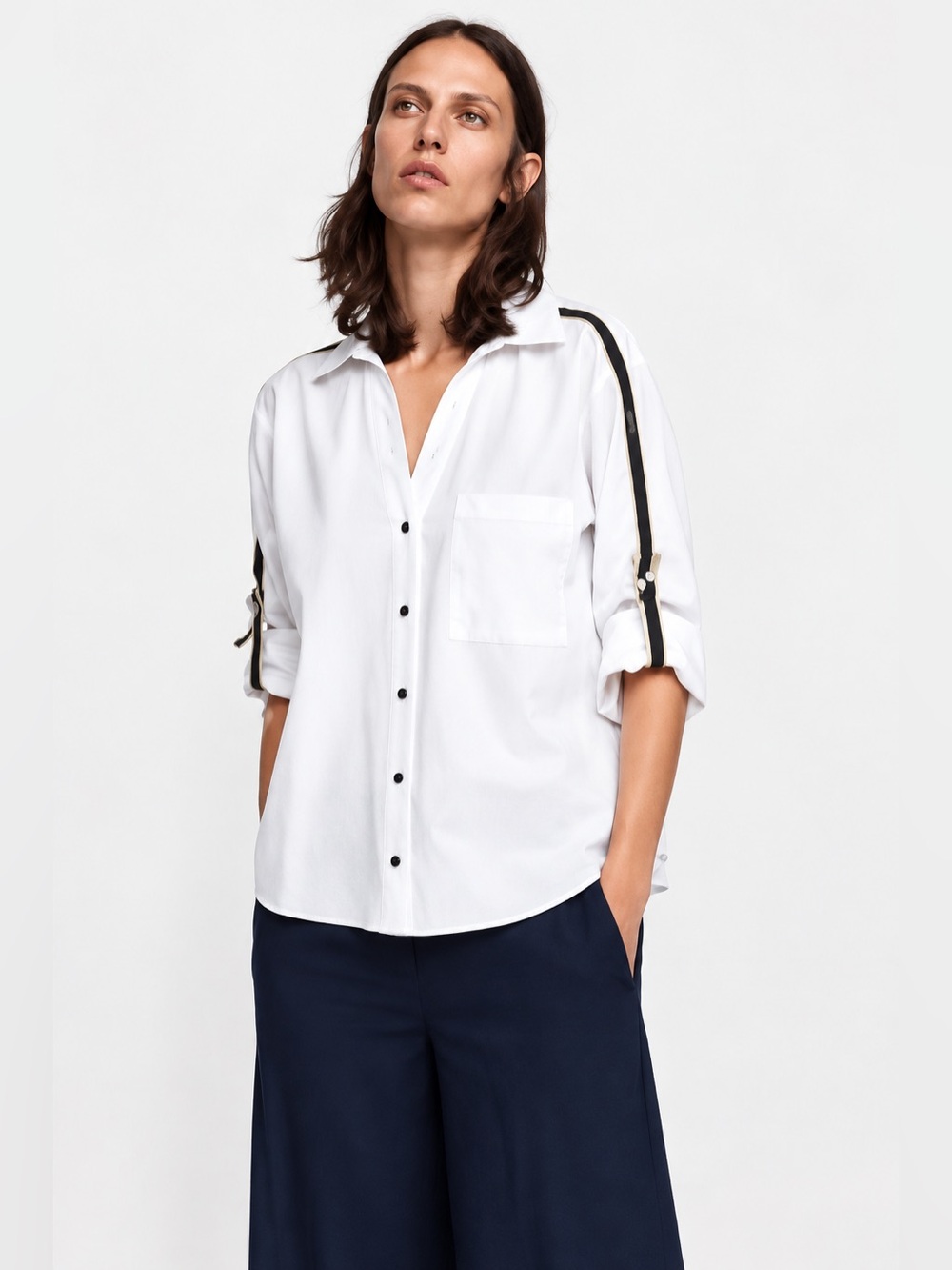 Zara White Button-Down Shirt with Black Trim